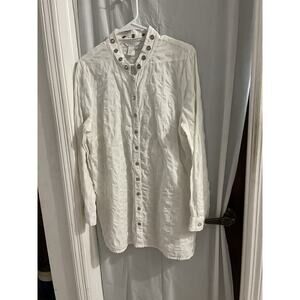 Spanner White Snap Front Long Line Top Crystal Grommets On Collar Sz 12